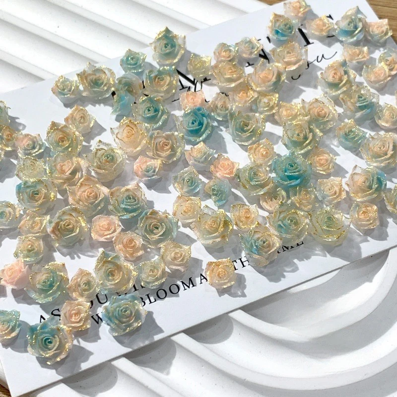 50PCS Dunhuang Soft Carving Rose Nail Accessories Golden Green Sparkling Dyed Camellia Nail Diamond Decoration Nail Drill