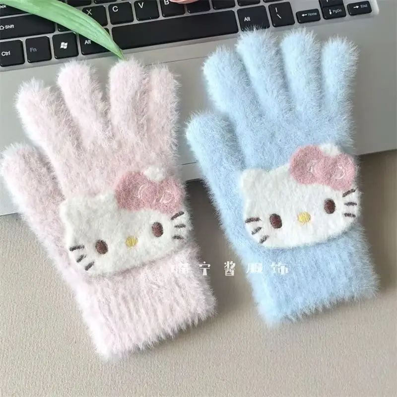 MINISO Sanrio Hello Kitty lindo montar guantes de cinco dedos mujer invierno femenino corazón ciclismo invierno mantener caliente Anime a prueba de viento nuevo