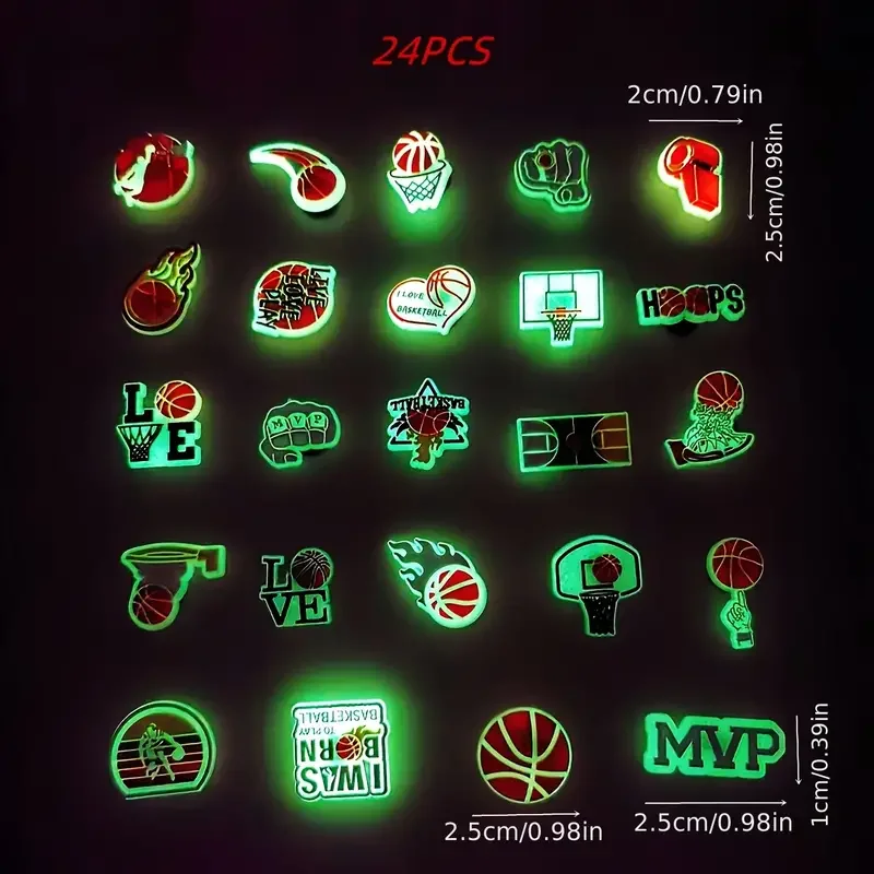 12/24PCS Fluorescence Basketball Shoe Charms,Glowing Cartoon   Clog Charms for Shoes, Sports Shoe Accessories,Gift for Men Women