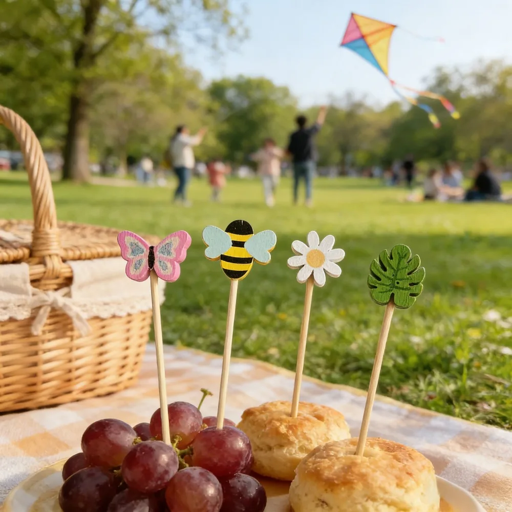 100 Stück Niedliche Tier- und Pflanzenmotive Gemischte Einweg-Bambus-Fruchtspieße Kreative Cocktail-Dessert-Dekorationsstäbchen für Geburtstag und Hochzeit – Detail 6