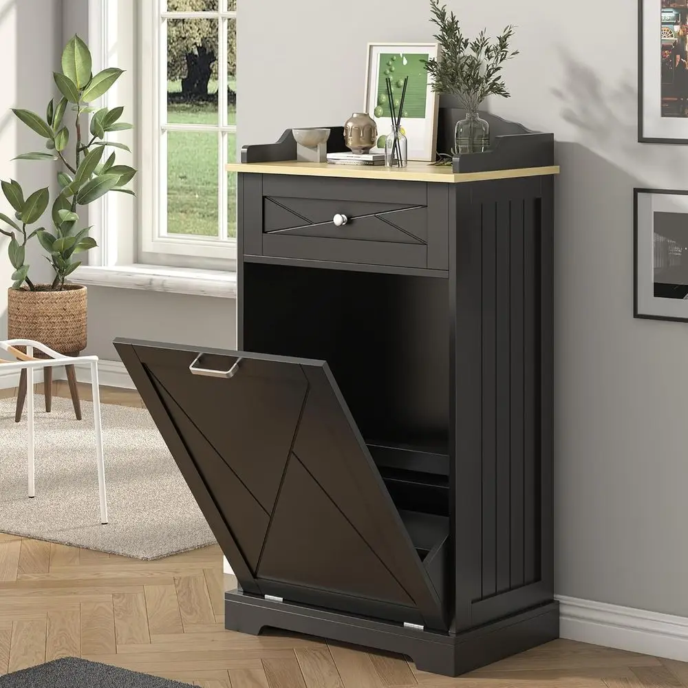 

12 Gallon Single Door Trash Can Cabinet, Wooden Concealed Bin for Kitchen & Living Room, Black