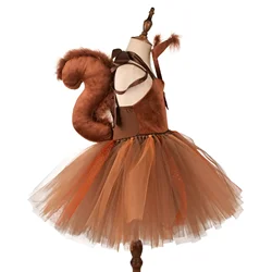 Halloween Brown Animal Squirrels Dress for Girls Cosplay Costume with Tail Headband Halloween Birthday Party Gifts 2025