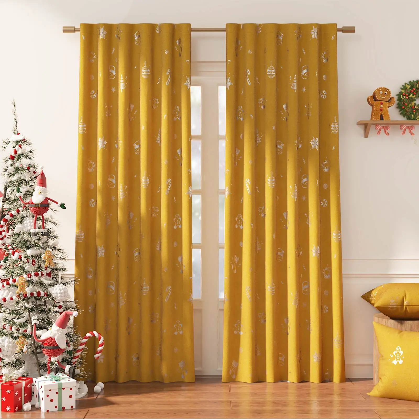 Christmas Velvet Curtains 2 Panels Set – Silver Foil Printed Holiday Drapes with Back Tab, Light Blocking Thermal Window Treatment for Living Room Bedroom