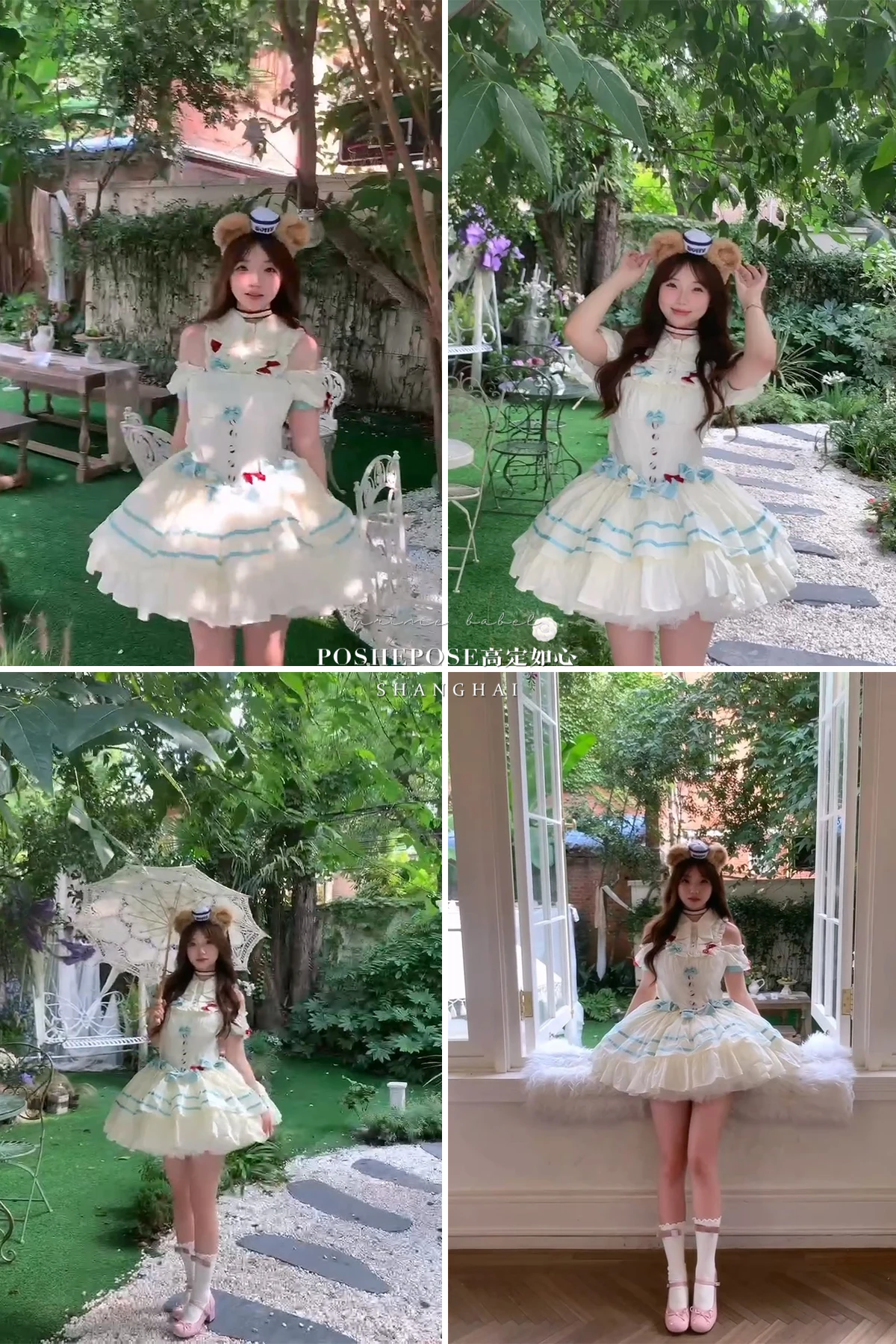 여성용 스윗 오프숄더 퍼프 슬리브 드레스, 새틴 스트라이프 스티칭 화이트 드레스, 블루 리본 장식 슬림 웨이스트 미니 드레스