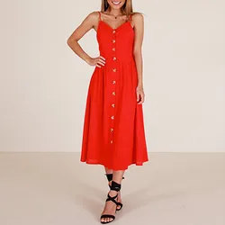 Women Casual Summer Suspender Print Collar Sleeveless Midi Dress Sexy Medium Length Vesido Beach Feminino Red Party Dresses