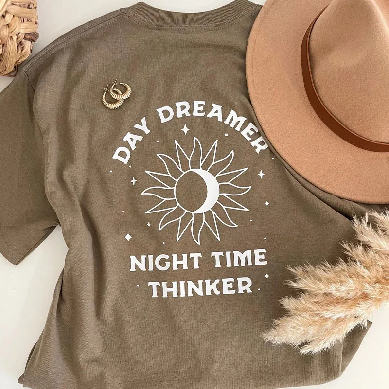 Day Dreamer Night Time Thinker Graphic Tee for Female Coffee Short Sleeve Shrot Sleeve Loose Cotton Crewneck Tumblr Boho Shirts