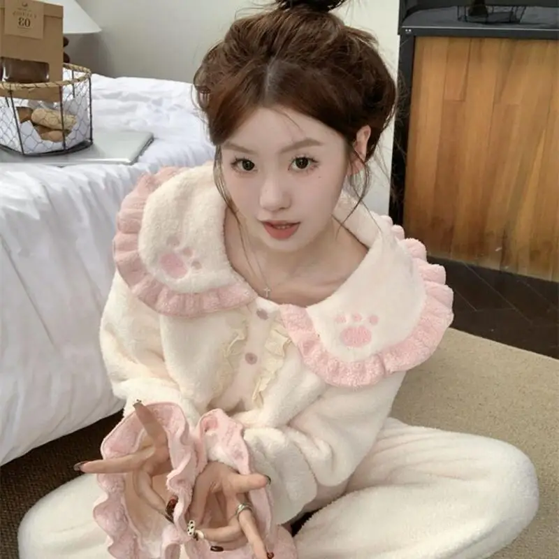 

Women's Clothing Pajama Set Homewear Long Sleeves Pants Two-Piece Set Autumn and Winter Thicken Comfortable Sweet Fashion