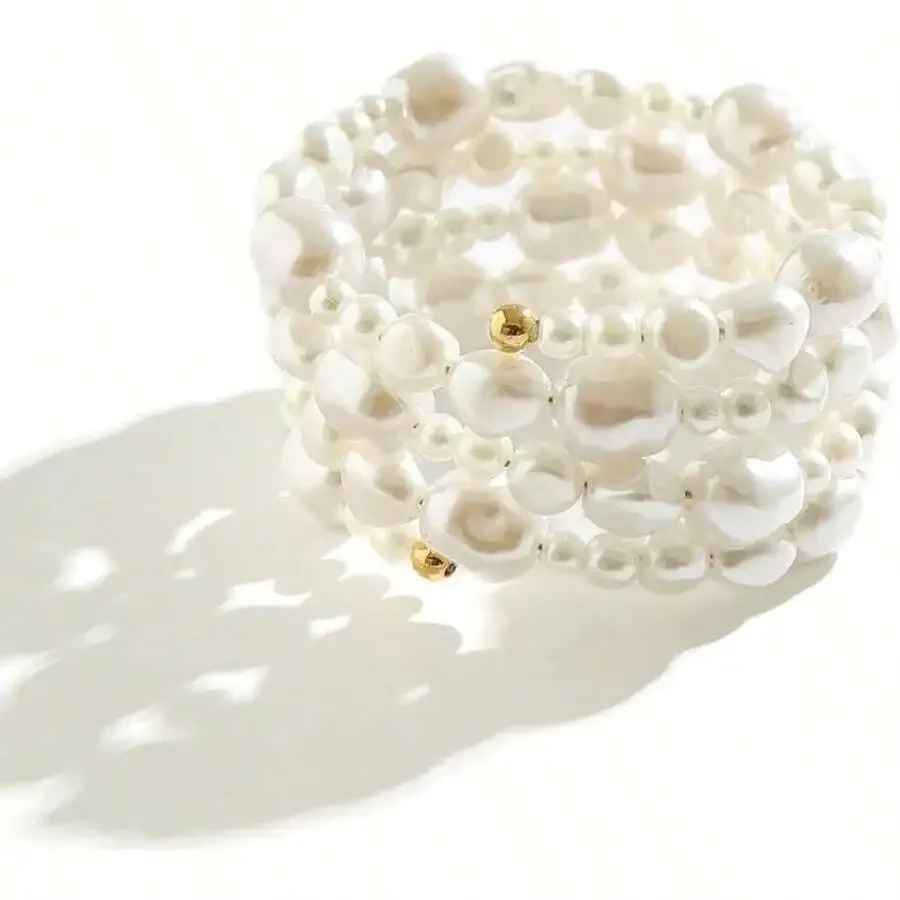 

Layered Pearl Cuff Arm Band Bracelet For Women Adjustable Stackable Bead Open Wire Armband Bridal Holiday Gift
