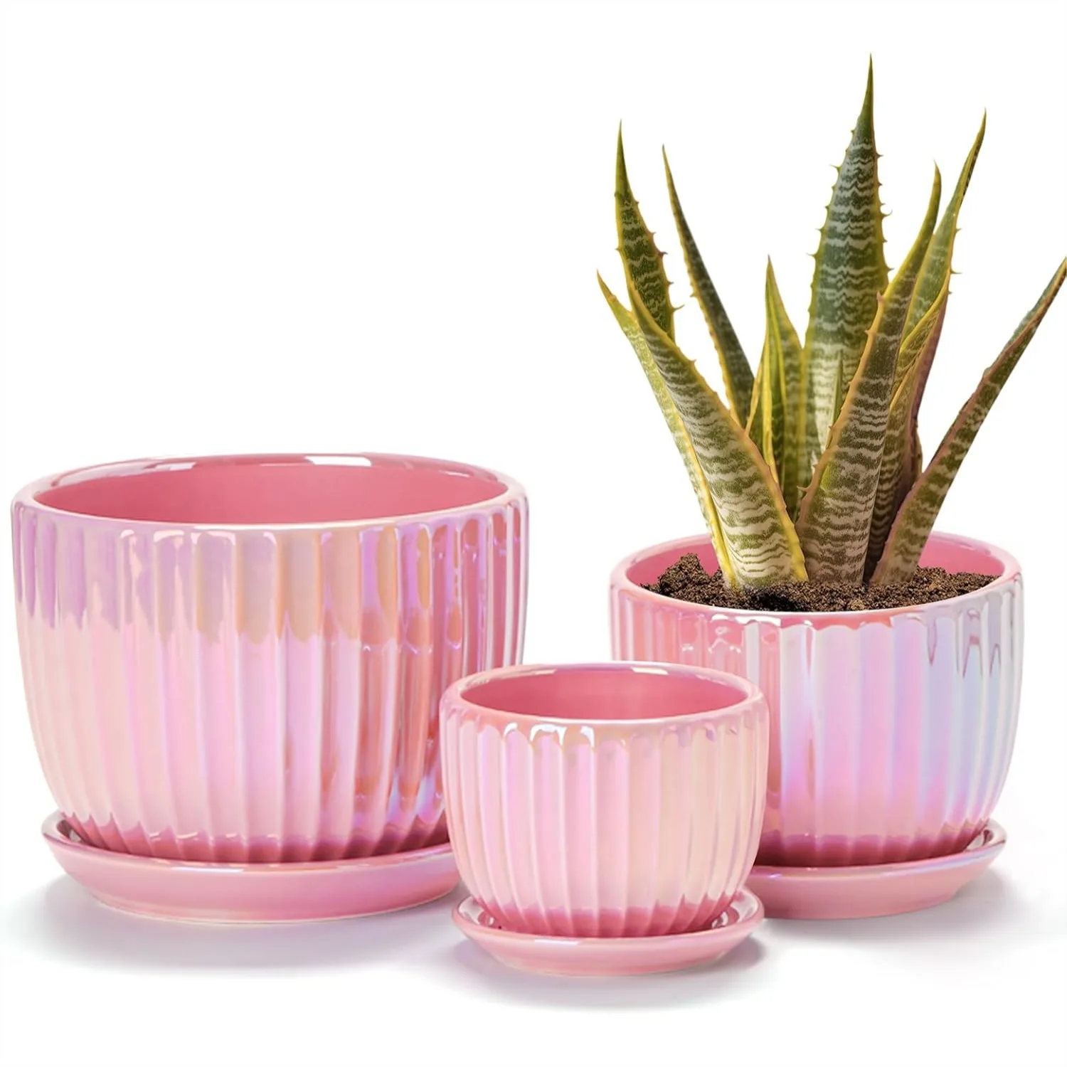 

Ceramic Flower Pots with Drainage Hole, 4"+5"+6" Pink Gold Glazed Succulent Planters Set of 3, Modern Indoor Garden Pots with