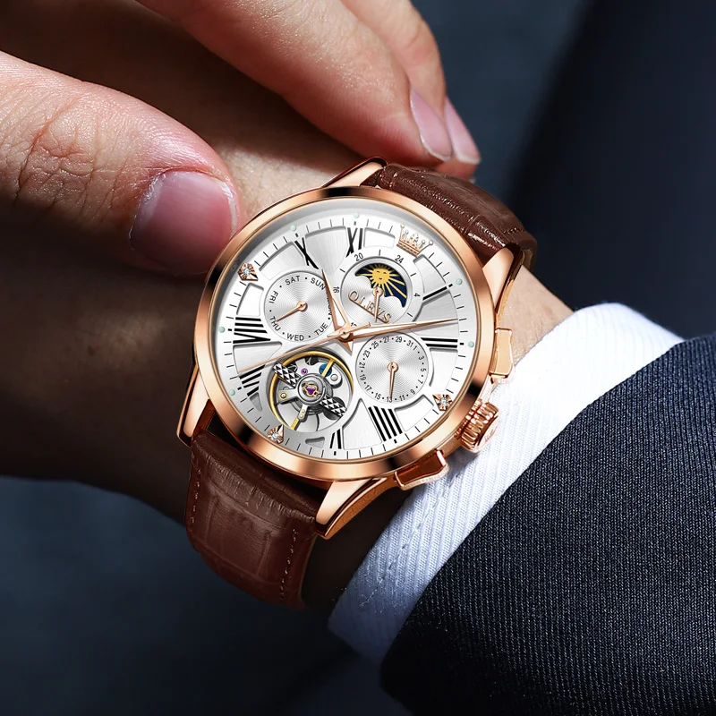OLEVS New Sport Mechanical Watch Men‘s Fashion Moon Phase Date Waterproof Automatic Tourbillon Watch Luxury Leather Men Watches