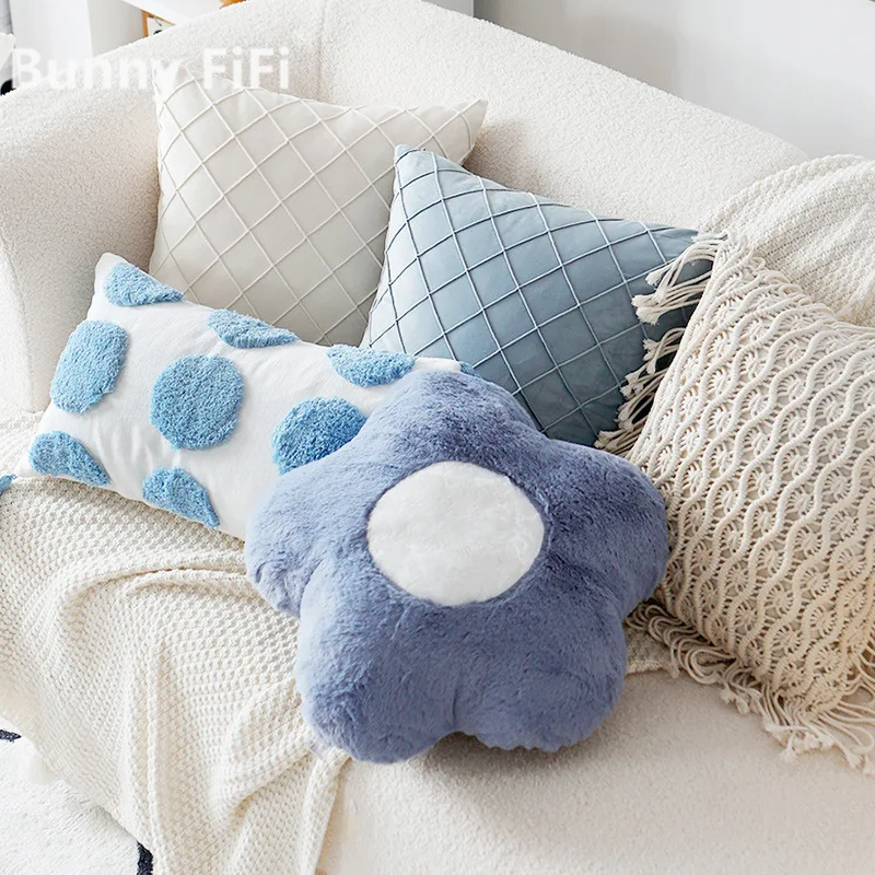 Plush Flower Plaid Blue Cushion Covers Nordic Fur Velvet Soft Decorative Throw Pillow Cover For Sofa Bed Living Room Home Decor