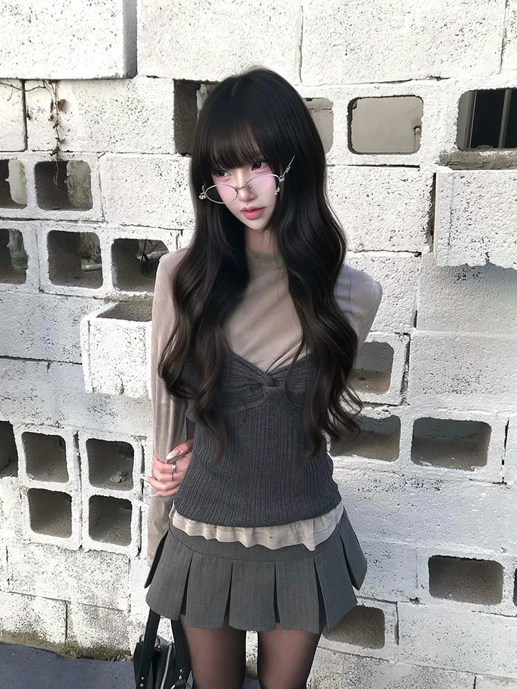 

Spring 2026 Women's Knitted Knot Wrap Vest Long Sleeve round Neck Layering T-Shirt Set High Waist Universal Fit