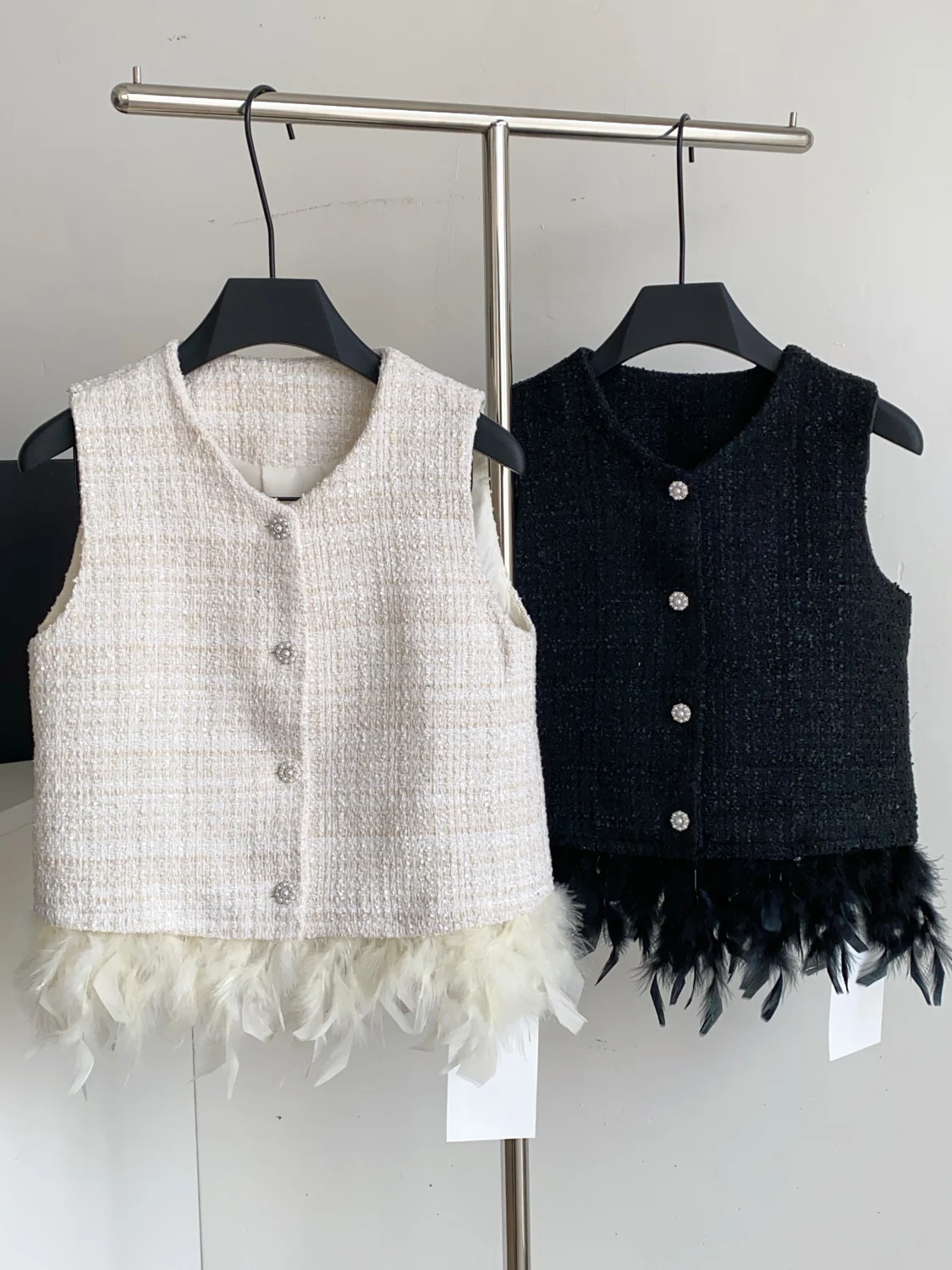 

Faionable Heavy Embellied Feather Splice круглый твидовый жилет Ne Svel, женский осенний топ Ele Commute Sle Pure C...