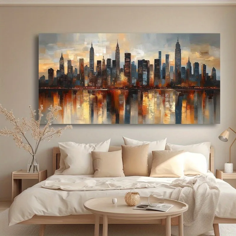1pc frameless Canvas Painting Modern City Skyline Canvas Wall Art, Abstract Wall Art Painting with Warm Sunset Hues, Print for W
