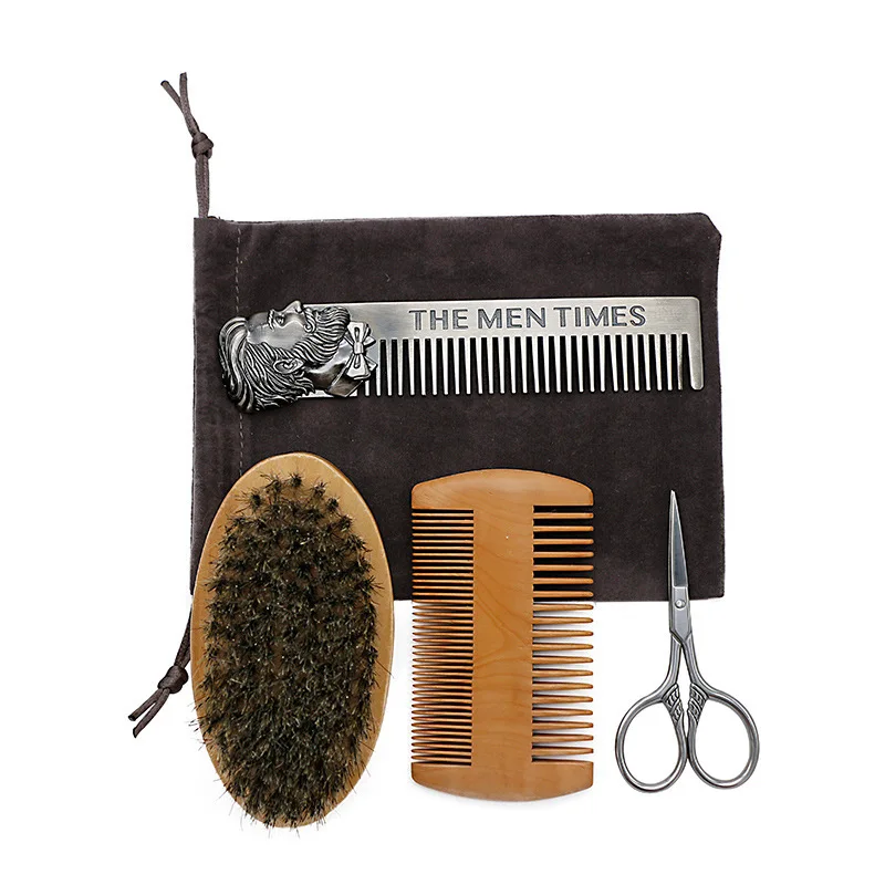 Set di spazzole per capelli da uomo pettine con setole di cinghiale per pennelli da barba da uomo massaggio spazzola per la pulizia dei capelli del viso forbici strumenti per baffi