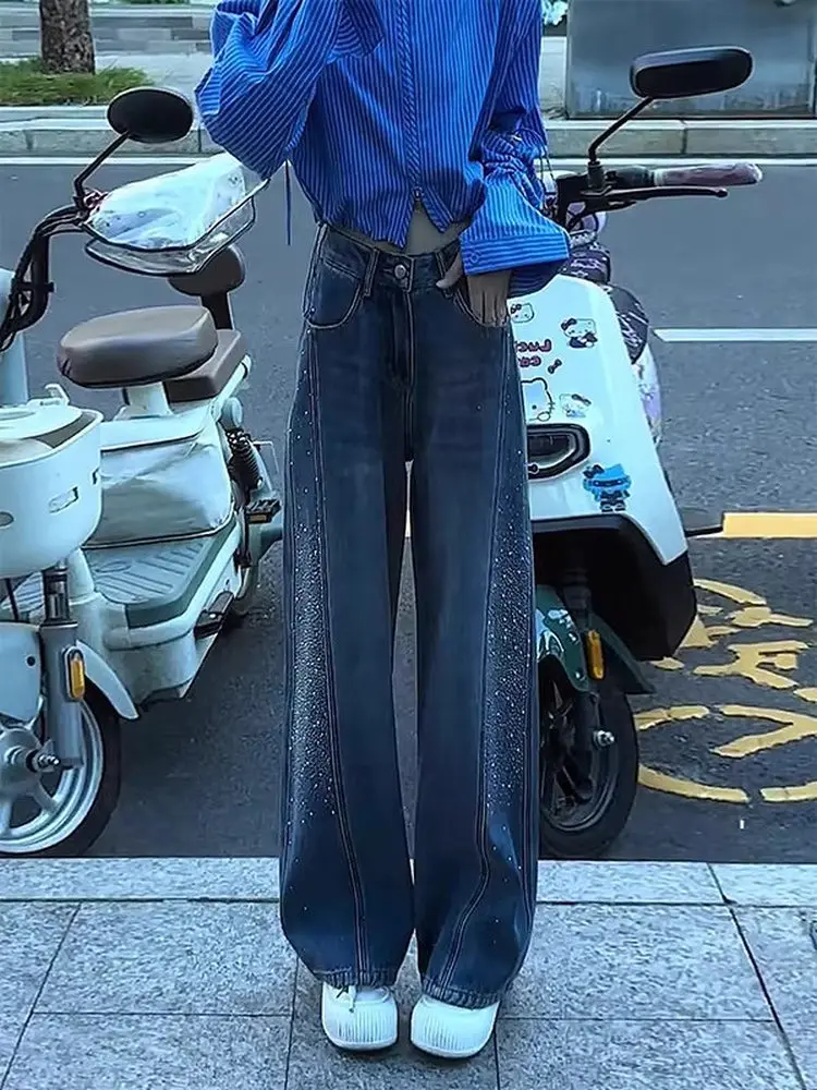 

Ретро джинсы с вырезами и стразами, женские, весна 2026, с высокой талией, широкие штанины, синие, утягивающие, модные, на все сезоны