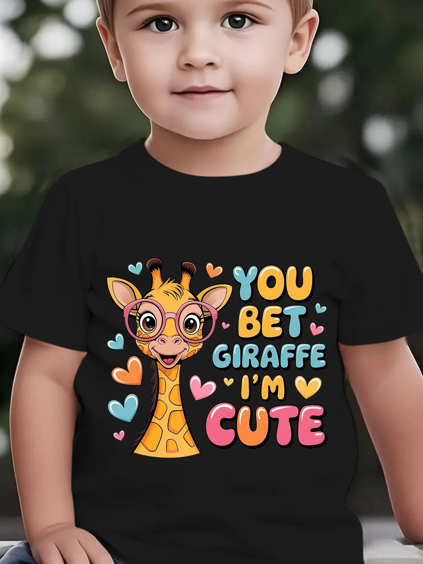 Cute Cartoon Giraffe Slogan Print Graphic Kids Tee Boys Girls Family Matching Cotton Crew Neck Short Sleeve Soft Summer Tee