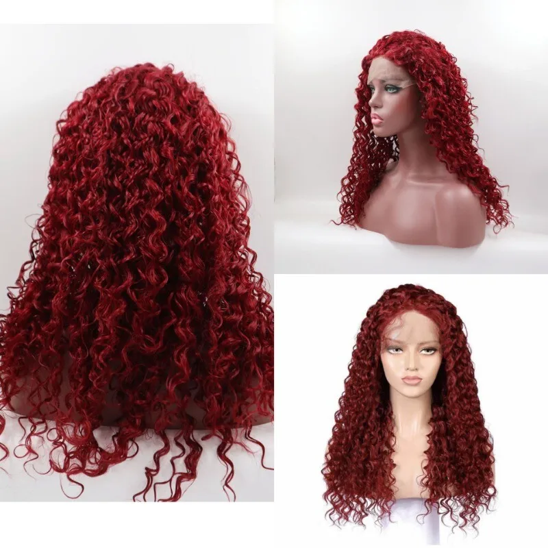 

Женский парик Длинный вьющийся парик Передний парик шнурка Винно-красный женский парик из волос + шапочка для парика