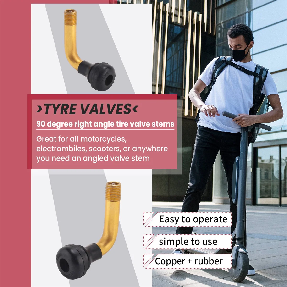 4Pcs Tyre Valves Stem Right Angle Snap-in Rubber 90 Degree Brass for Electric Scooter and M365 Electric Scooter