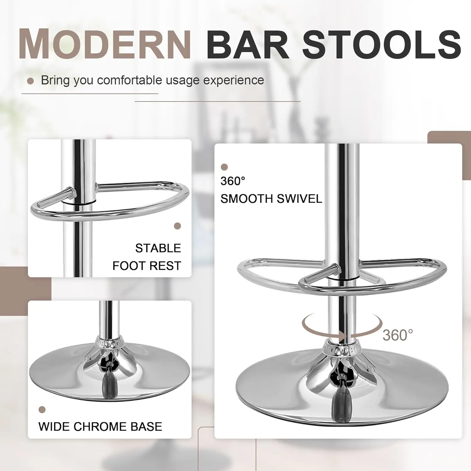 VECELO Bar Stools Set of 2, Modern PU Leather Adjustable Bar Stools with Back, 360° Swivel Bar Height Stools for Kitchen Counter