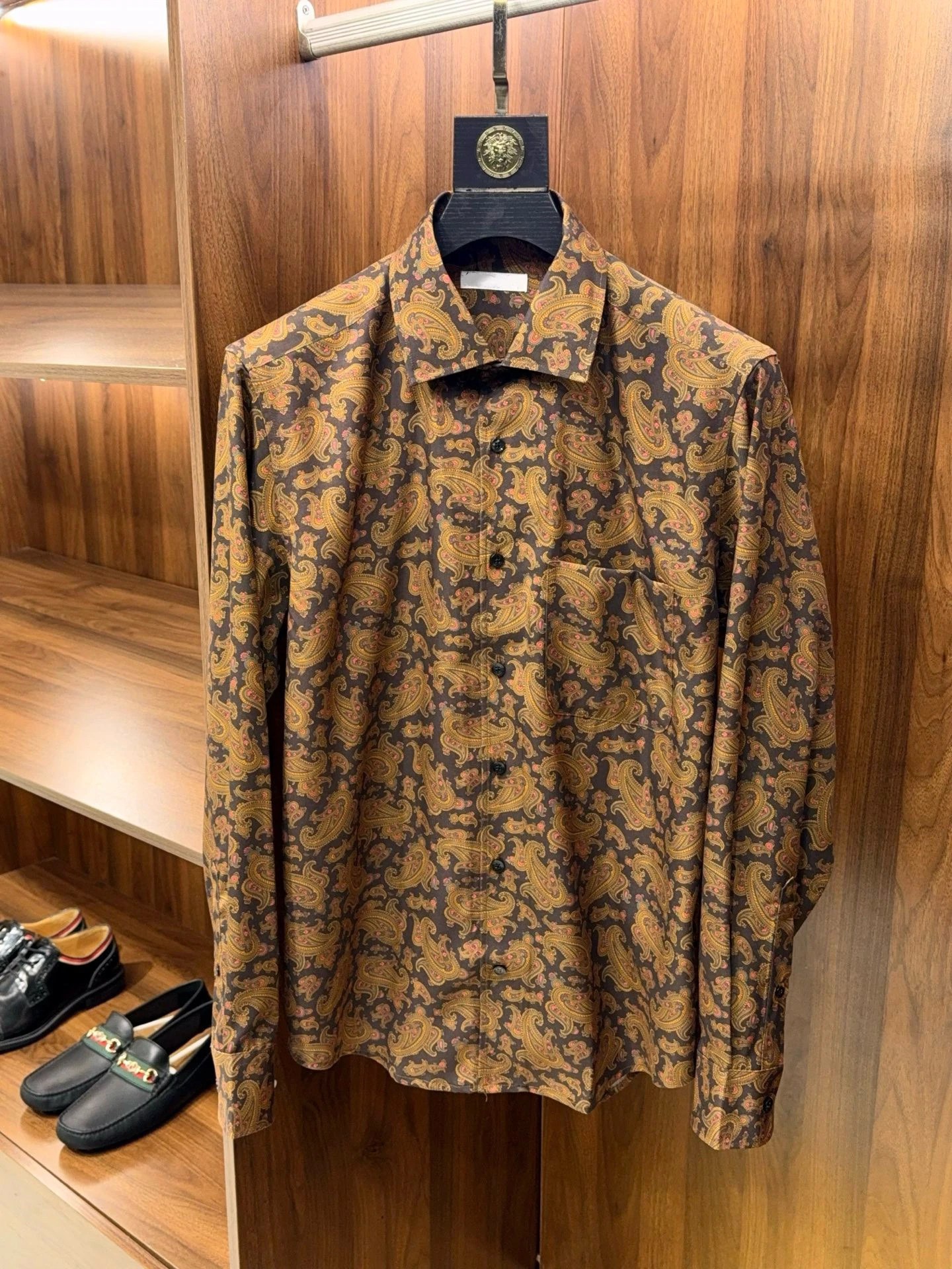 

Faionable Casual Men's Silk irt Stand Fit Printed Long Sve Busin Casual Walnut Flower Design Autumn Winter New A...