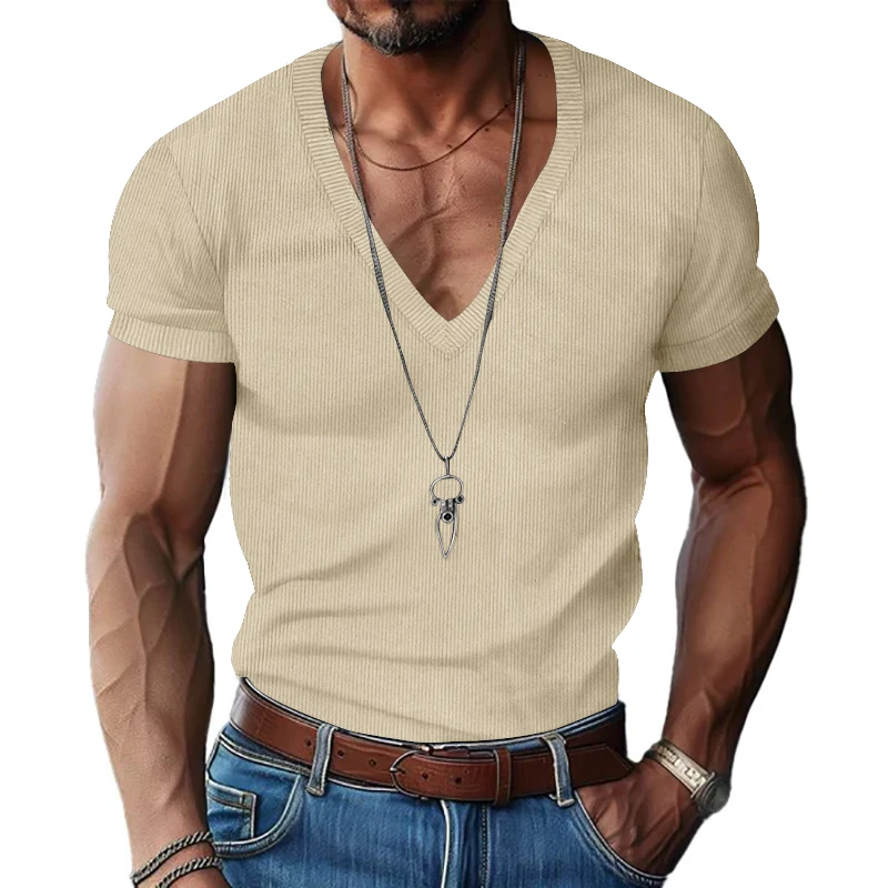 Men's corduroy T European and American summer men's clothing V-neck solid color slim fit casual T-shirt short sleeved top image 6