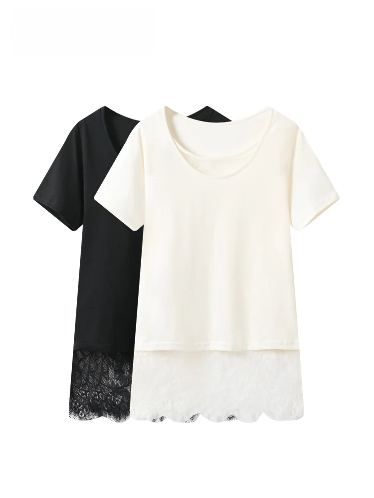 

Summer New Style plus Size Women's T-shirt Short Sleeve Splicing Slimming Trendy Top round Neck Casual Comfortable Polyester