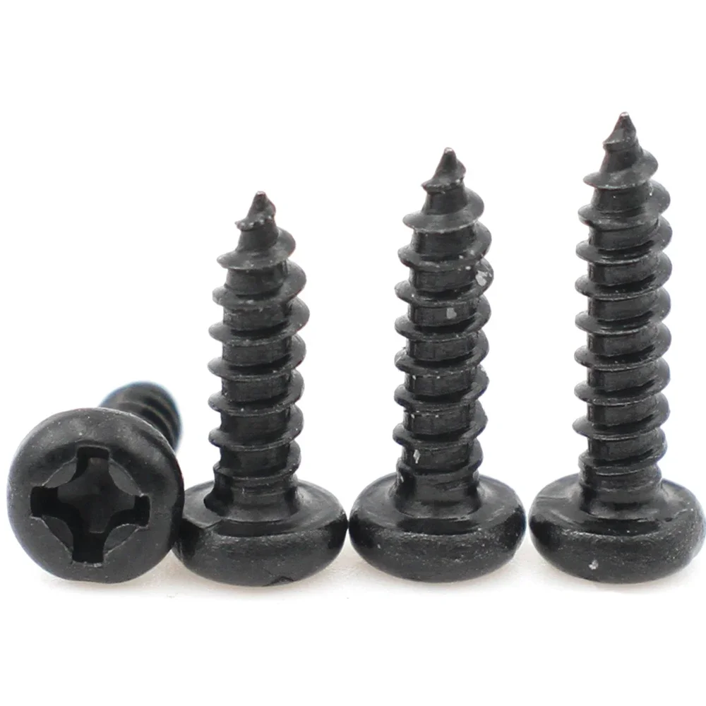 100pcs/lot M1 M1.2 M1.4 M1.5 M1.7 M2 M2.3 M2.6 M3 M3.5 M4 Cross Round Head Phillips Self-tapping Screws Black Carbon Steel Screw