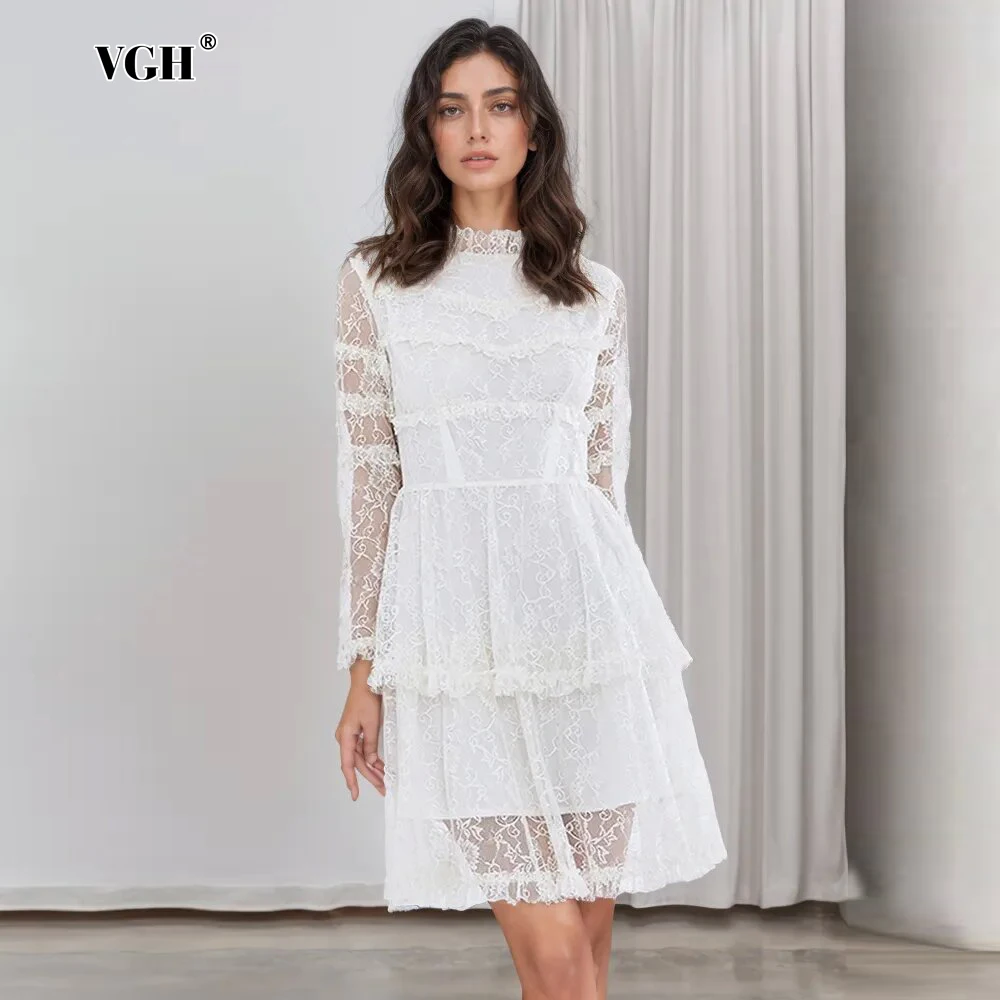 

VGH Solid Patchwork Lace Elegant Dresses For Women Stand Collar Long Sleeve High Waist Casual A Line Dress Female Fashion New