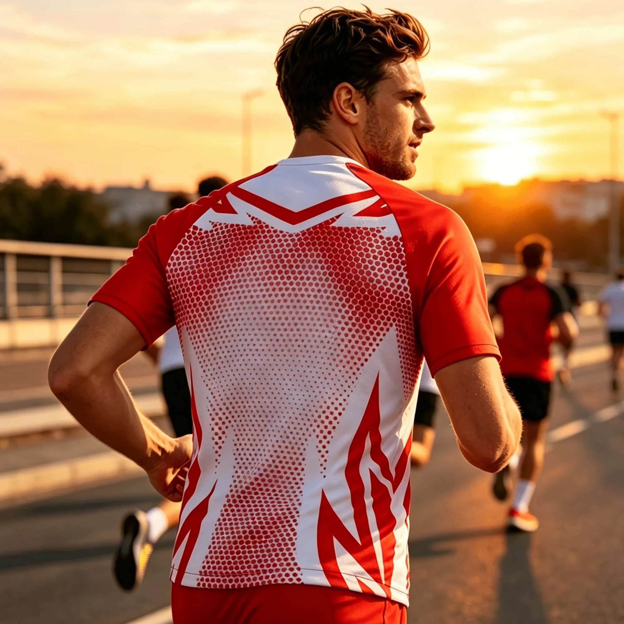 Men Breathable Sport Short Sleeve Tee Red White Abstract Mesh Graphic Print Athletic Top For Running Cycling Team Training
