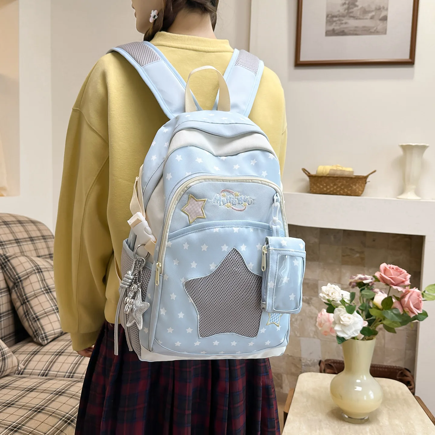 Nylon lightweight Kawaii student schoolbag, change bag, color-blocking star travel waterproof backpack