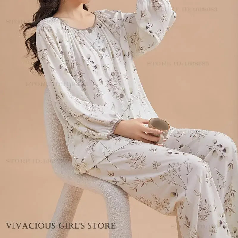 

Viscose Womens Pajamas Set Loungewear Print Flower Long Sleeve Trouser Pijamas Suit Spring Autumn New Sleepwear Homewear Pjs