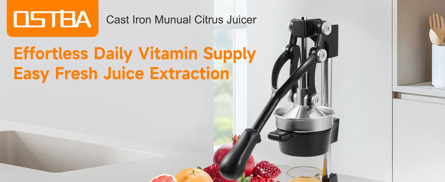 Cast Iron Manual Citrus Juicer, Heavy Duty Hand Press Orange Juicer with Stainless Steel Cup & Strainer, Commercial Grade Lemon Squeezer for Orange, Lemon, Lime, Grapefruit, Pomegranate