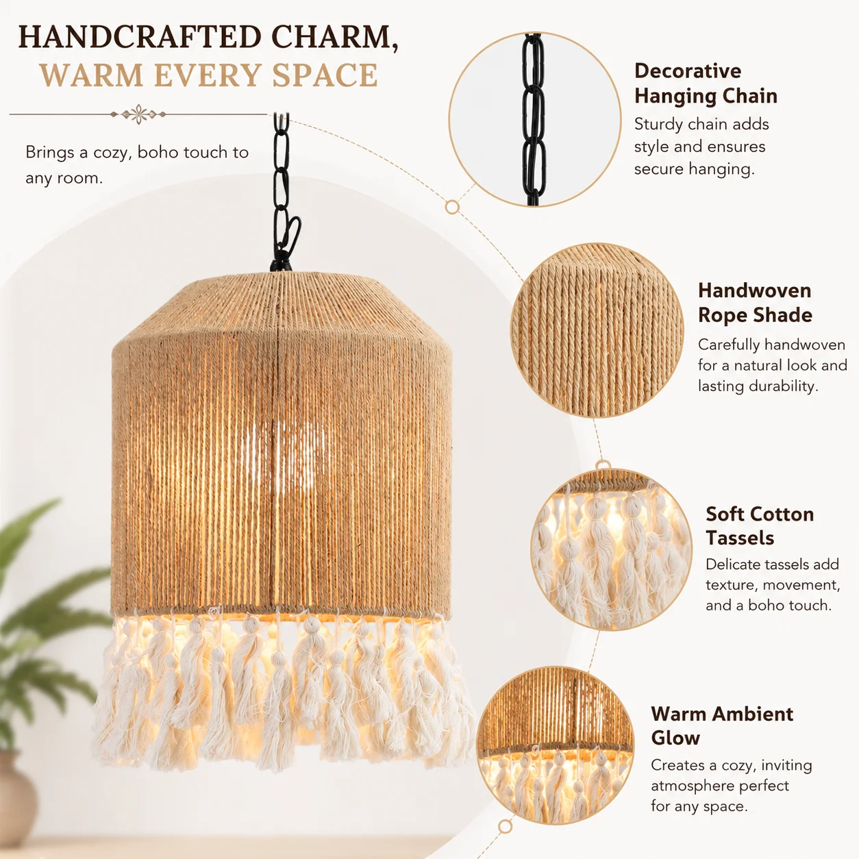 JOYINLED 30CM Ceiling Hanging Lamp Living Room Dinging Room Light Fixture E26 E27 Boho Chandelier with Fringe Woven Pendant Lamp