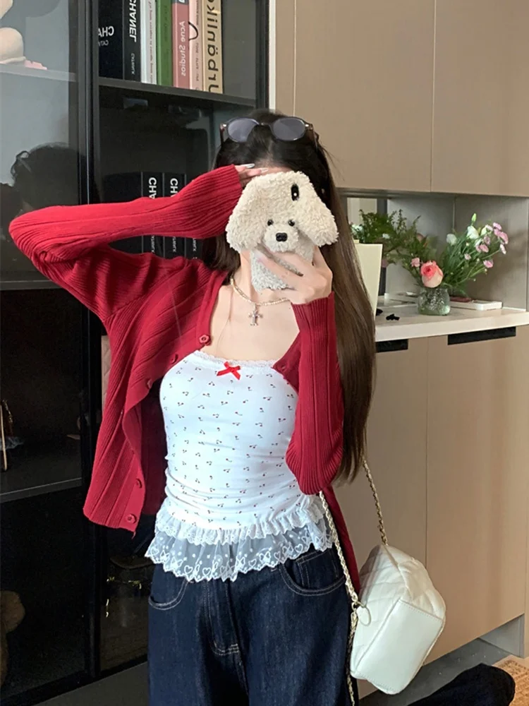

Sweet Style Red Lace Trim Halter Vest Set Women's Spring Fashion Two-Piece Suit Knot Open Cardigan Short Outerwear