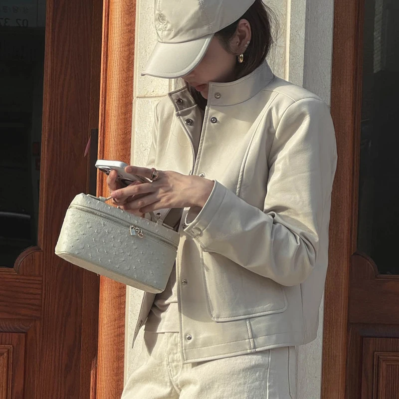 

Корейская куртка женская из искусственной кожи с воротником-стойкой однобортная с длинным рукавом уличная мода ретро шикарное осенне-зимнее пальто