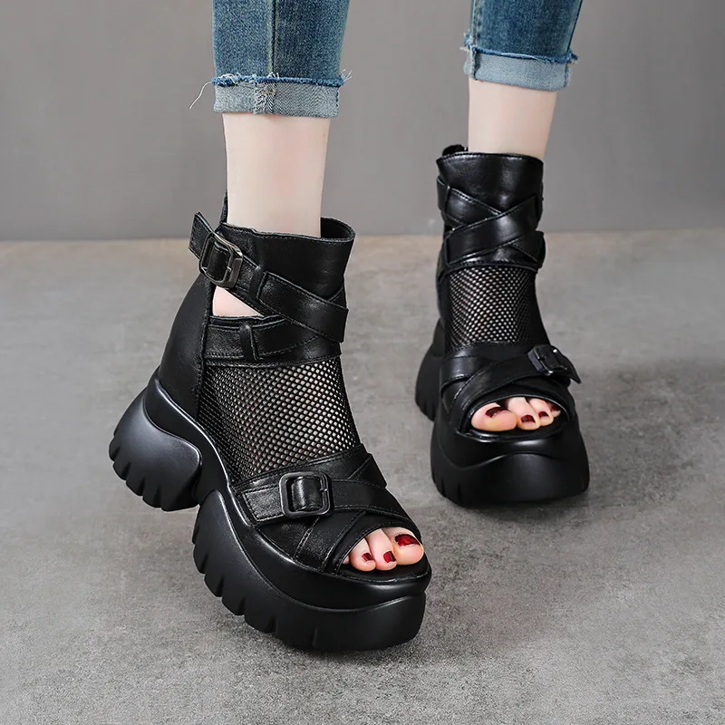 Koznoy 7cm Air Mesh Genuine Leather Knee High Fashion Summer Ankle Boots Women Hollow Lady Chimney Sandals Ankle Booties Shoes