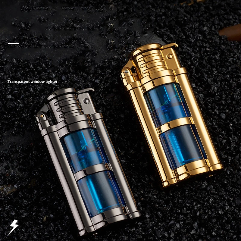 New Metal Transparent Visible Gas Lighter Metal Turbo Torch Unusual Creative Windproof Butane Lighters Gadgets for Men