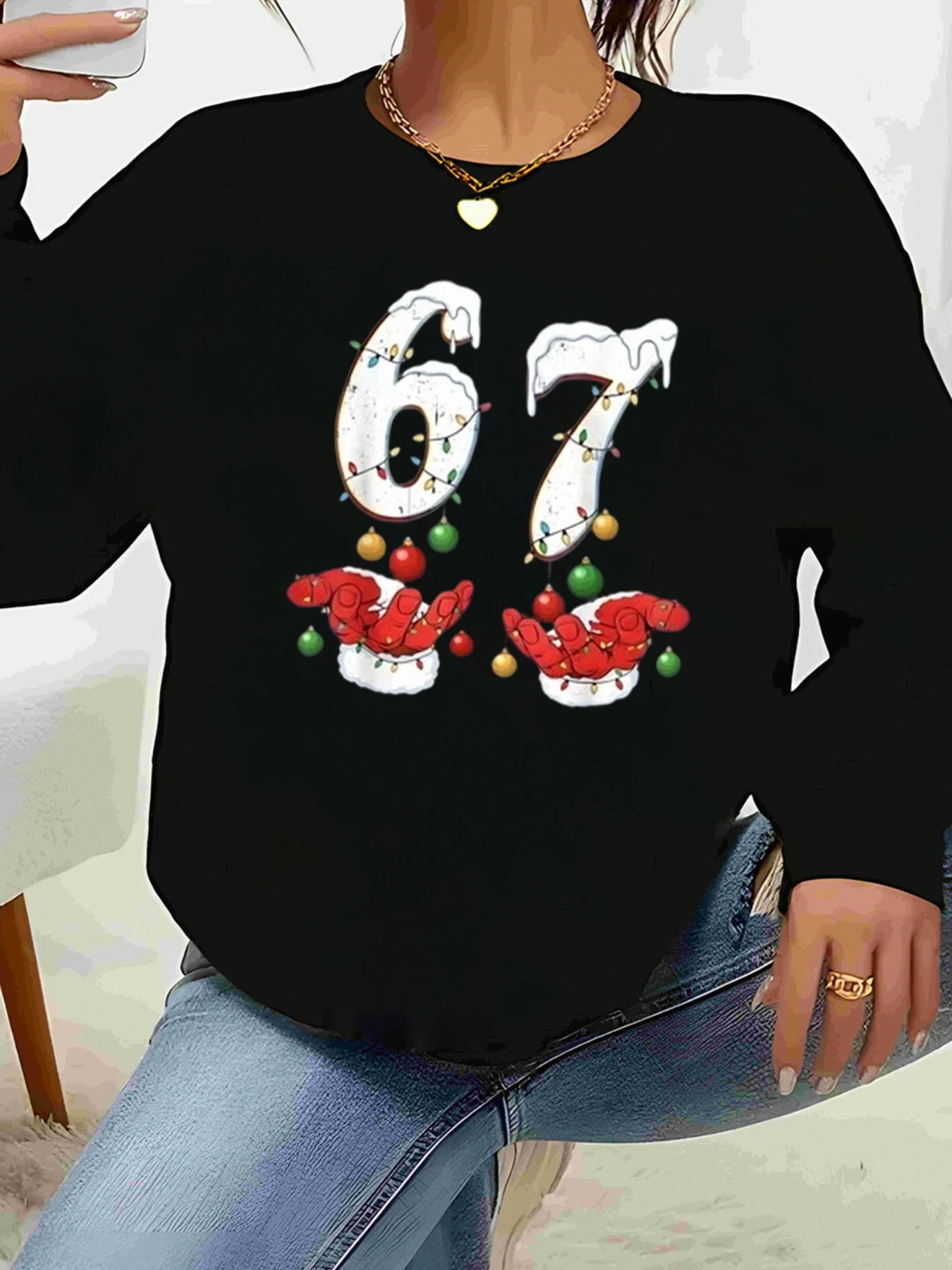 

Christmas 67 Print Sweater Holiday Casual Wear Women's Fashion Top