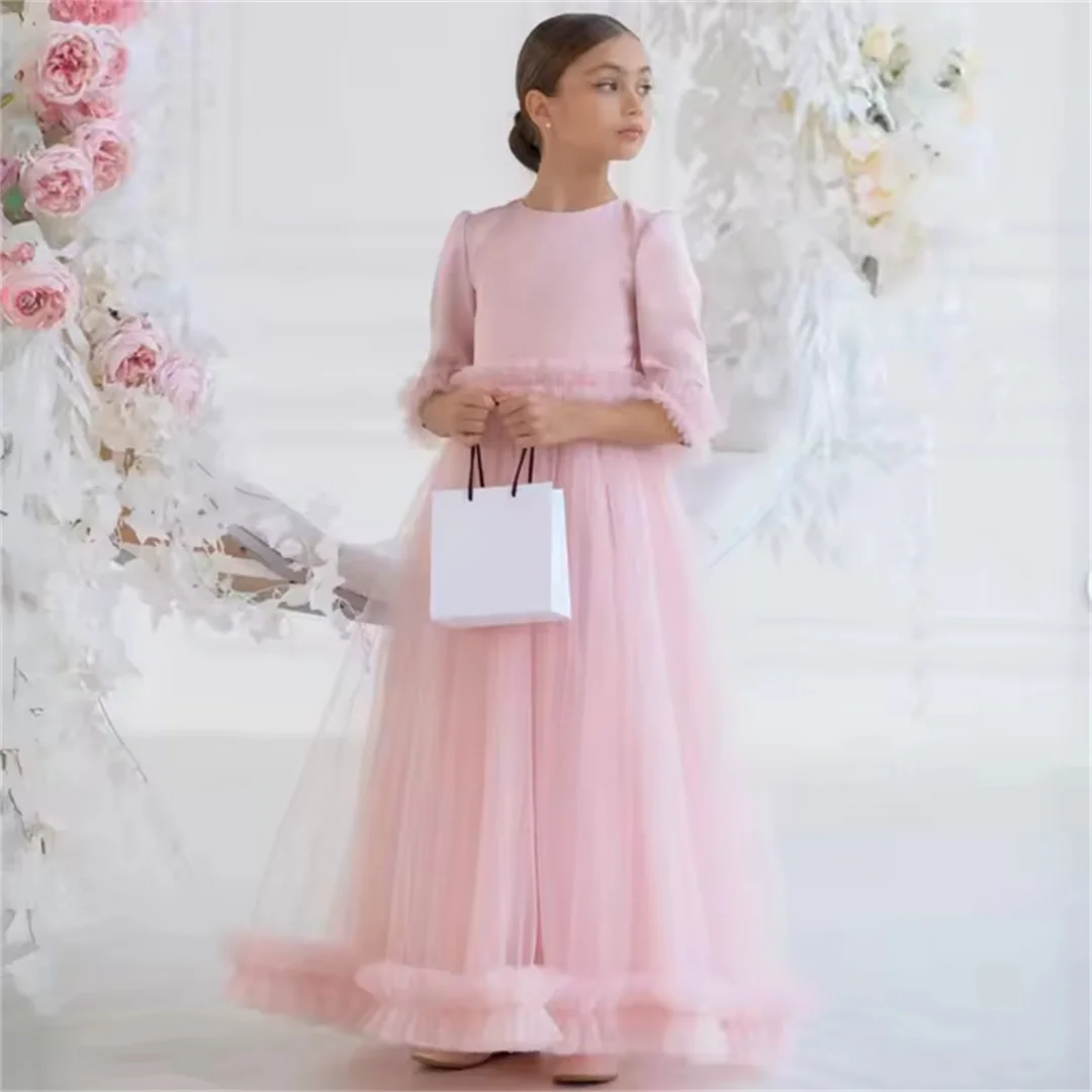 Customized Light Pink Flower Girl Dresses Tiered With Bow Half Sleeve For Wedding Birthday Party Banquet Holy Communion Gowns