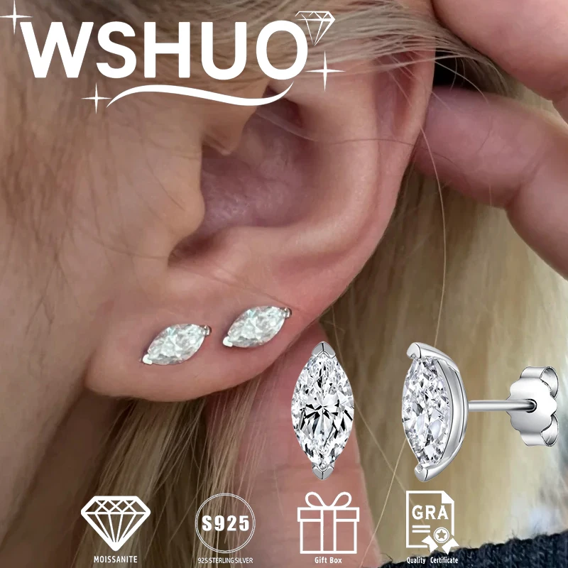 

WSHUO 0,3/0,5/1 карат серьги-гвоздики с муассанитом для женщин 100% серебро S925 огранка маркизы сверкающие бриллианты серьги-гвоздики ювелирные изделия