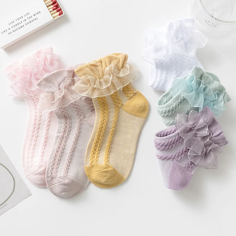 Chaussettes Courtes en Coton Respirant pour Bébé Fille, Accessoire de breven Dentelle, Blanc, Vert, Rose, 8 Paires par Lot