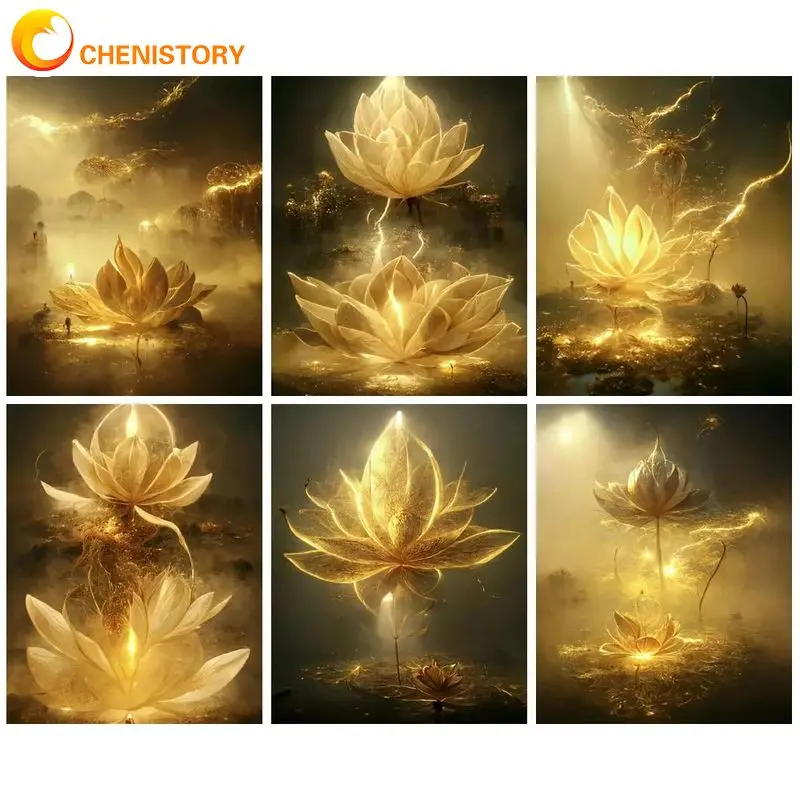 

CHENISTORY Modern Paint By Numbers For Adults Golden Lotus Flowers Coloring On Numbers Handpainted Gift Painting Decors Artwork