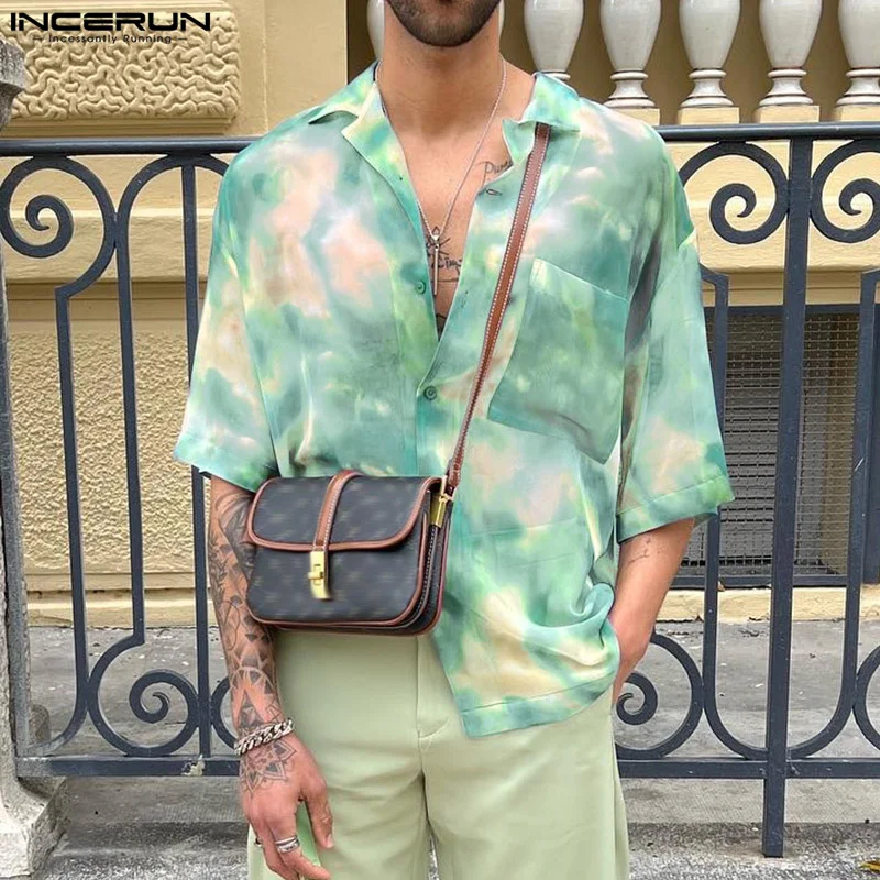 

INCERUN Men Shirt Tie Dye Lapel Short Sleeve Streetwear Summer Chiffon Men Clothing 2024 Transparent Fashion Casual Camisas 5XL