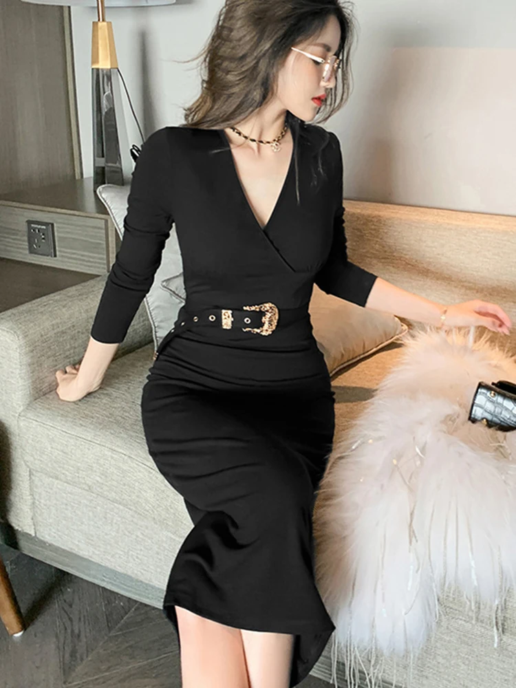 2023 Elegante Retro Vrouwen Bodycon Jurk Effen Zwart Gewaad Lange Mouw Riem Sjerpen Vrouwelijke Outfits Kantoor Wilde Straat Vestido