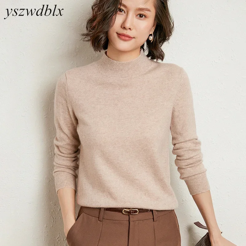 Casual Spring Autumn Women Sweater 2024 Knitted Pullovers Mock Neck Solid Cashmere Knit Basic Casual Bottoming Shirts Top Jumper