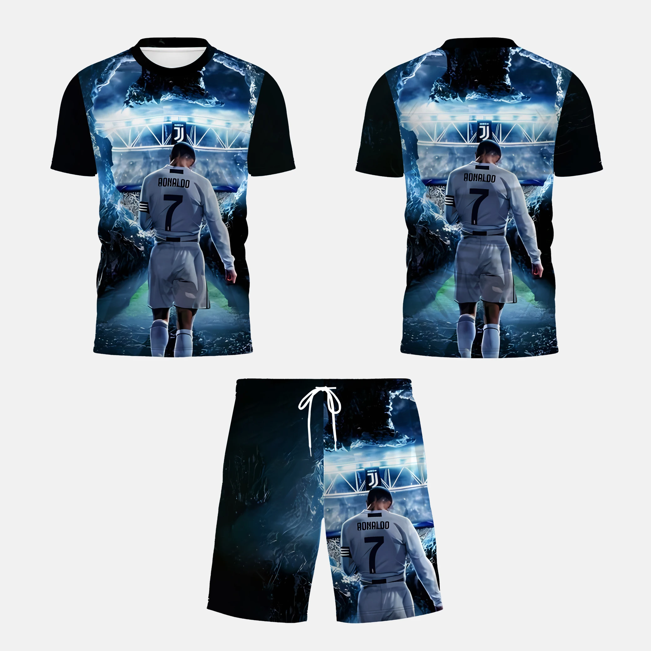 Set kaus sepak bola modis pria baru musim panas 2025 pakaian olahraga kasual dan modis bermotif 3D