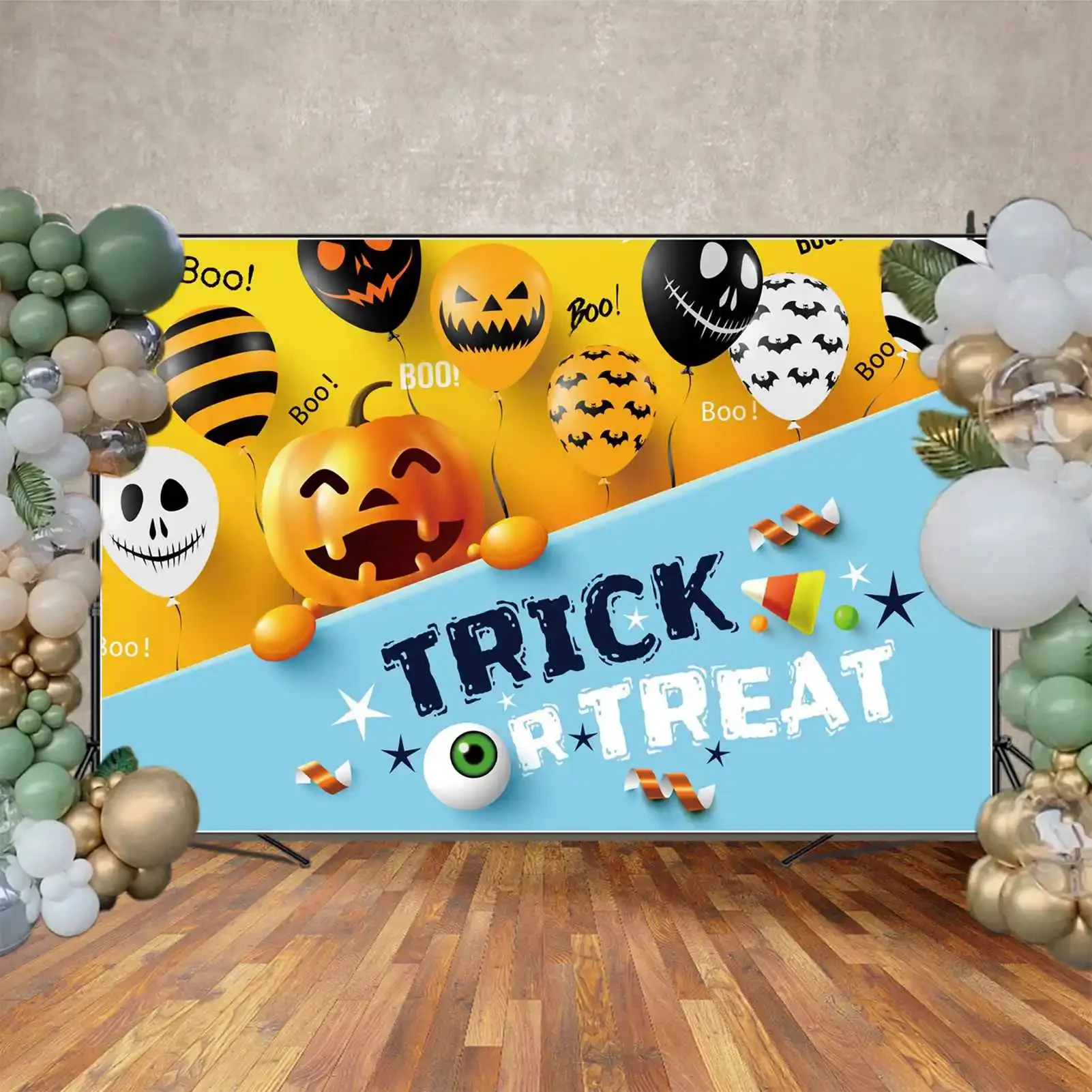 MOON.QG fondale dolcetto o scherzetto Banner di Halloween oro blu Boo sfondo della parete del partito personalizzato palloncino nastro Candy Photo Booth