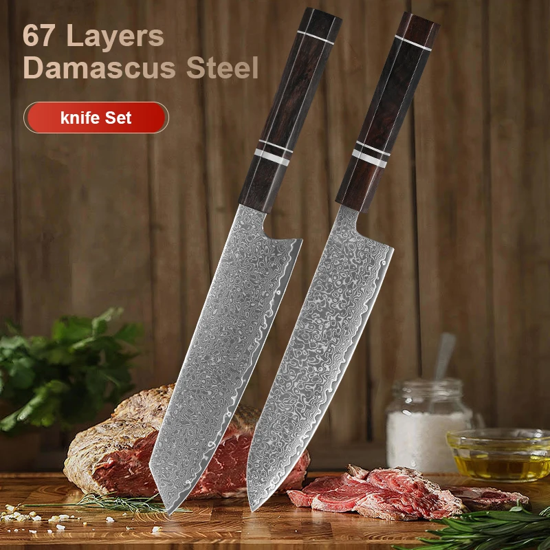

2 PCS Kitchen Knife Set Japanese Damascus Steel chef knife Kiritsuke Knife Stainless Steel Kitchen Cutlery Ebony Wood Handle