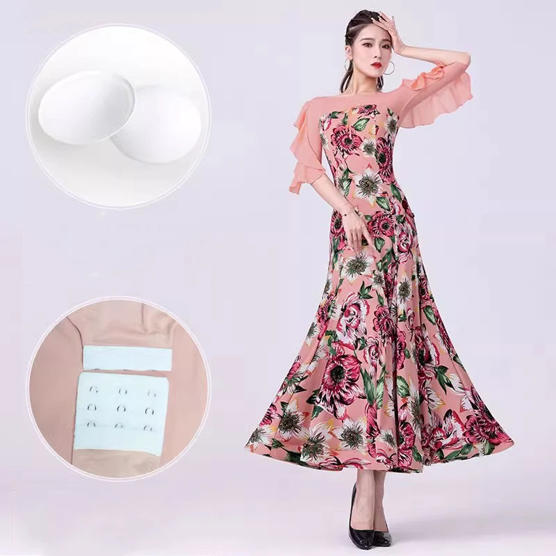 Women Ballroom Dress Clothes 2023 New Ruffle Sleeve Pink Waltz Costumes Chiffon High-end Party Modern Dance Competition Dresses